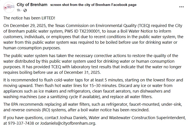 Screen shot from the city of Brenham Facebook page.