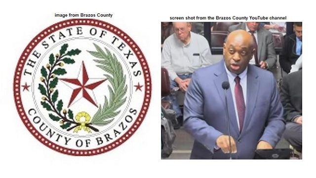 Brazos County seal from Brazos County and screen shot of Jarvis Parsons from the Brazos County YouTube channel.