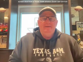 Screen shot of Mike Elko from the Texas A&M athletics Zoom call on December 17, 2025.