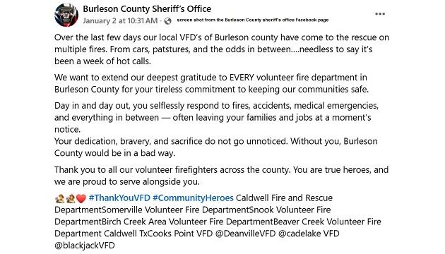 Screen shot from the Burleson County sheriff's office Facebook page.